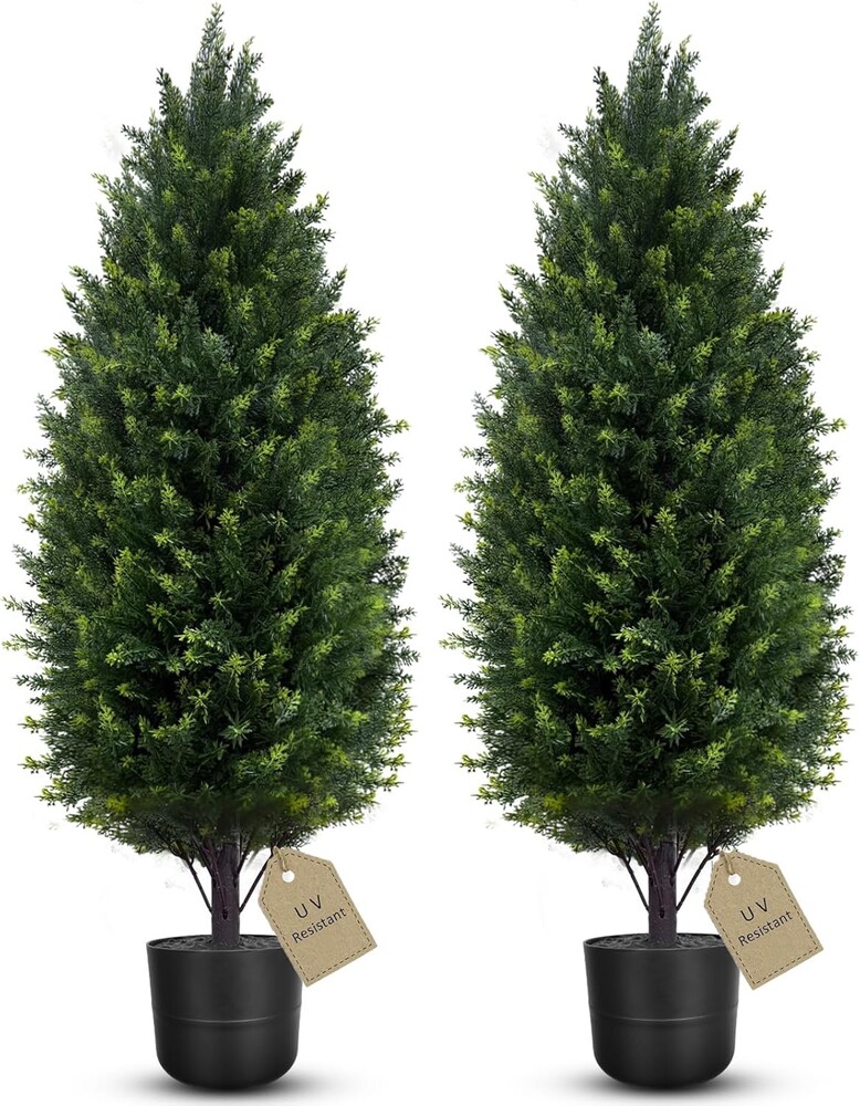 3FT Artificial Cedar Topiary Trees Outdoor Set of 2 Artificial Bushes Plants with Pot, UV Rated Potted Faux Cypress Tree Fake Pine Tree for Outdoor Planters Front Door Offices Garden Spring
