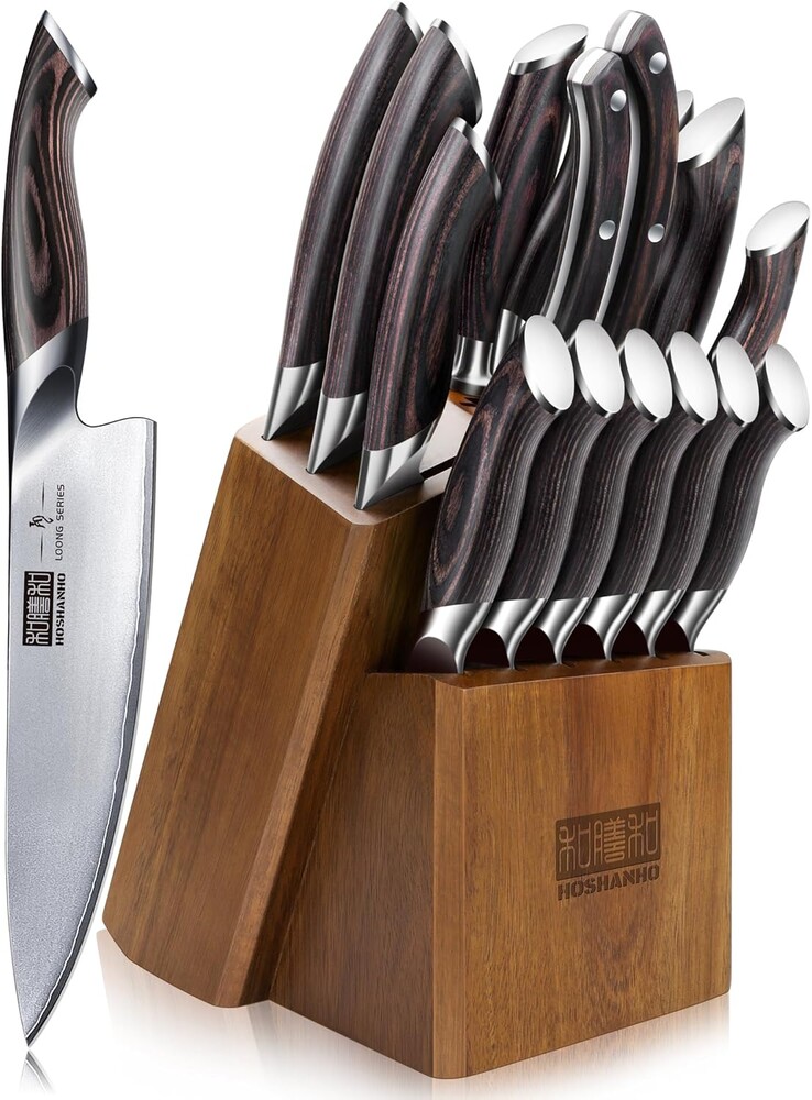 HOSHANHO 16-Piece Knife Set, Japanese High Carbon Stainless Steel Kitchen Knife Set, Ultra Sharp Chef Knife Block Set with Sharpener
