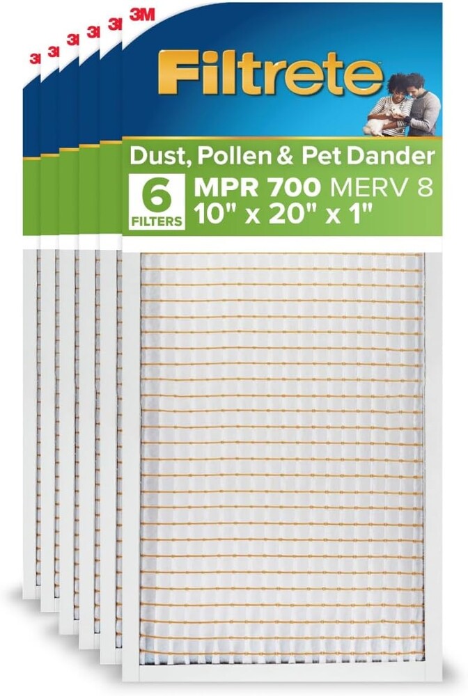 Filtrete 10x20x1 AC Furnace Air Filter, MPR 700, MERV 8, Tough on Pollen, Easy on Airflow, 3-Month Pleated 1-Inch Electrostatic Air Cleaning Filter, 6-Pack (Actual Size 9.81 x 19.81 x 0.81 in)