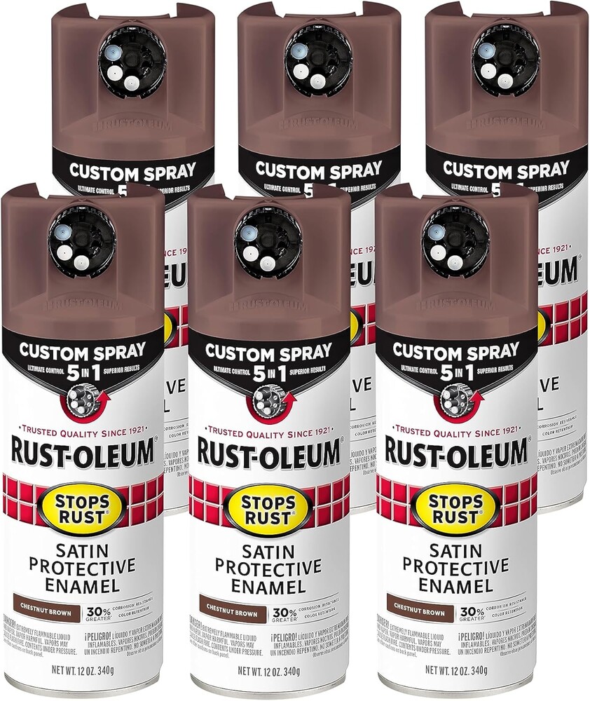 Rust-Oleum 376877-6PK Stops Rust Custom Spray 5-in-1 Spray Paint, 12 oz, Satin Chestnut Brown, (Pack of 6)