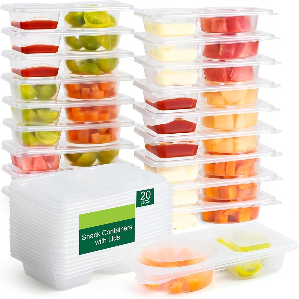 20 Sets Reusable Snack Containers with Lids, 2 Compartment Snack Pack Containers for Food Storage & Meal Prep, Travel Snacks, Leakproof, Split-Proof