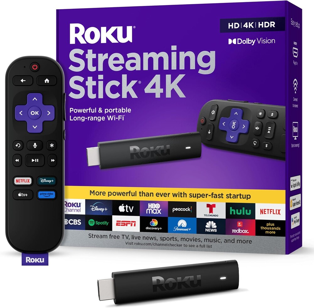 Roku Streaming Stick 4K - HDR & Dolby Vision Roku Streaming Device for TV with Voice Remote & Long-Range Wi-Fi - Free & Live