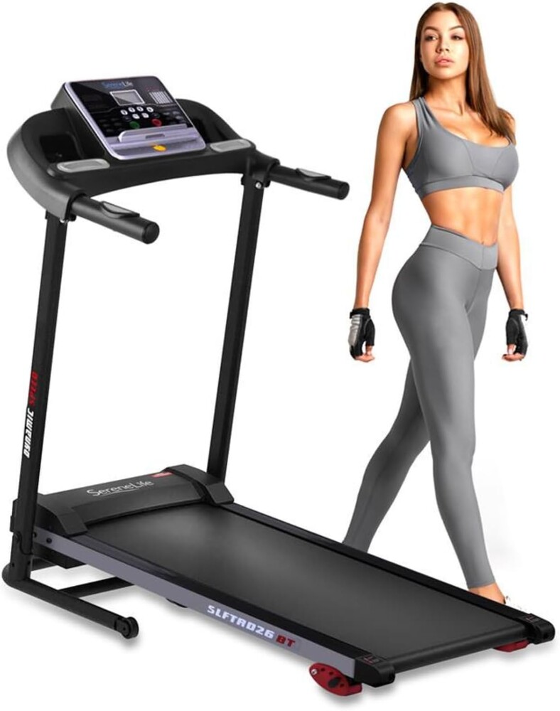 SereneLife Electric Folding Treadmill Exercise Machine - Smart Compact Digital Workout Fitness Trainer w/Bluetooth App Sync, Manual Incline Adjustment, for Walking, Running, Gym