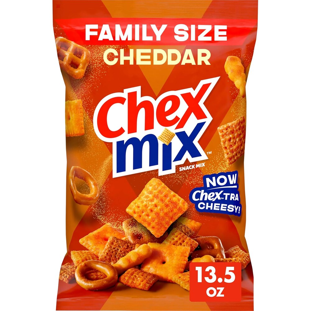 Chex Mix Cheddar Snack Mix, Savory Snack Bag, Family Size, 13.5 oz