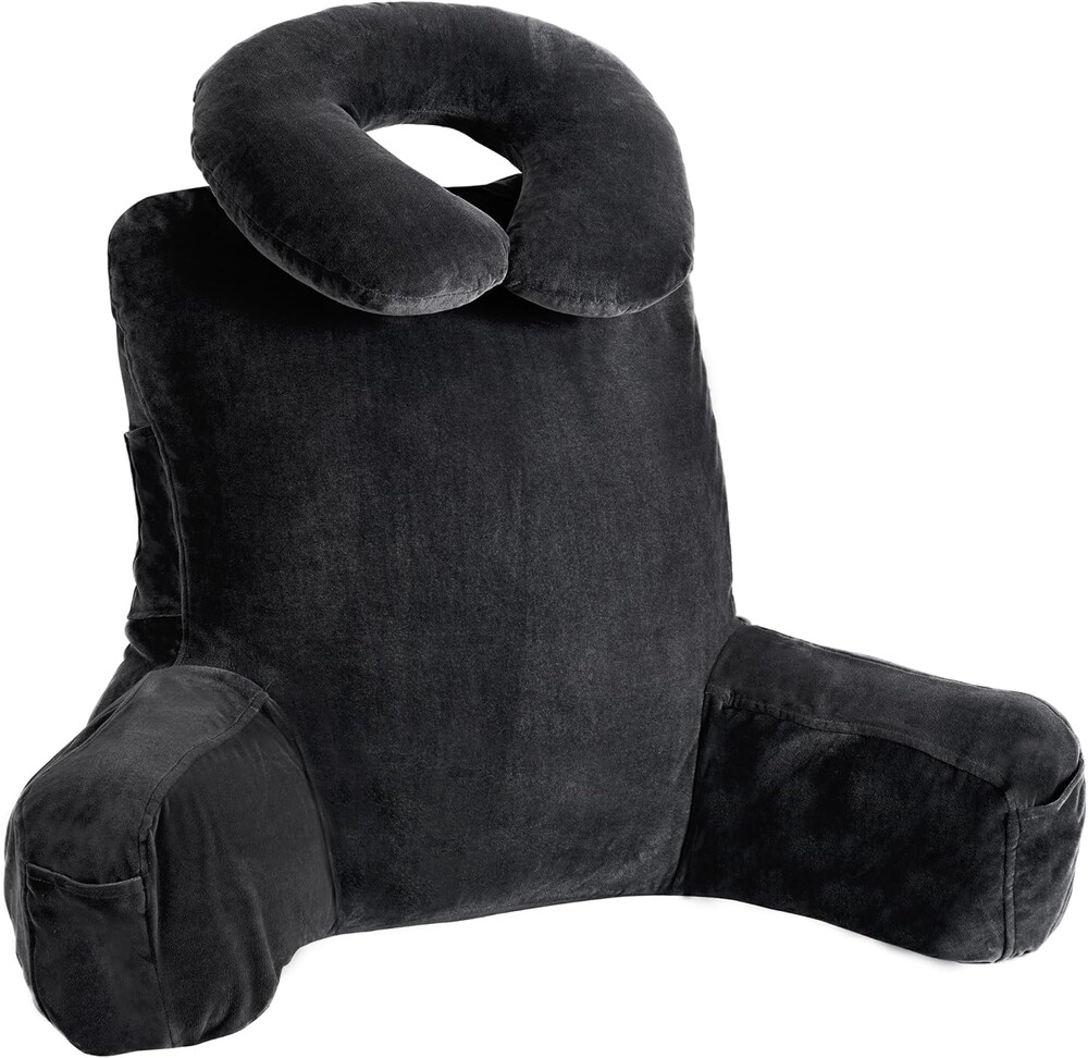 Rengue 31" Large Backrest Pillow with Arms, Ergonomic Reading Pillow with Detachable Neck Roll Bed Rest Pillow with Pockets for Reading Watching TV Gaming (Black)