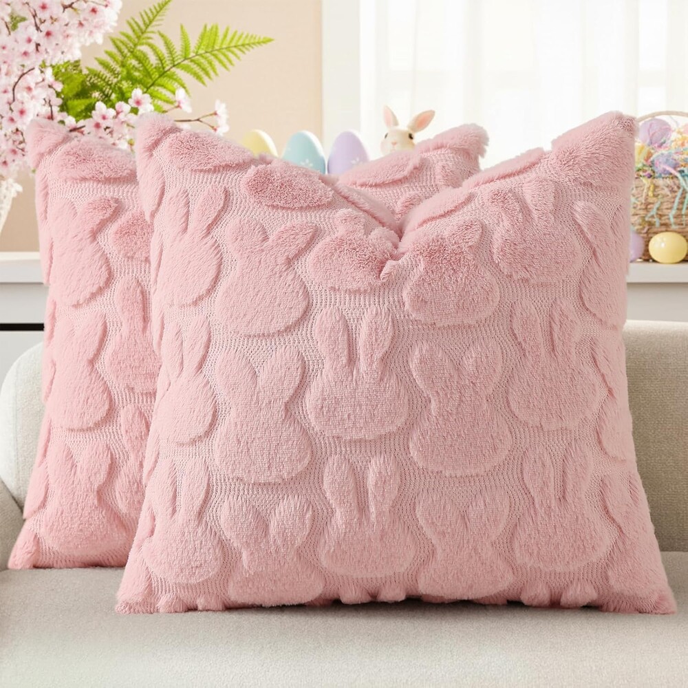 decorUhome Easter Bunny Pillow Covers 18x18 Inch Set of 2, Soft Plush Faux Wool Jacquard Pink Rabbit Cushion Covers, Farmhouse Neutral Spring Easter Holiday Decor for Couch Sofa Bed