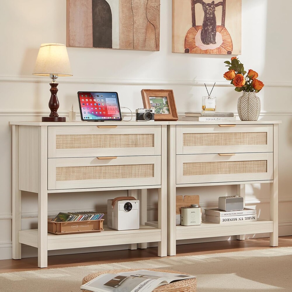 LEYAOYAO 31.5" Wide Rattan Night Stand Set 2 with Charger Station, Oversized Large Boho Nightstand with 2 Drawer, Grey White Bed Side End Tables, Tall Bedside Table for Bedroom Living Room, Hallway