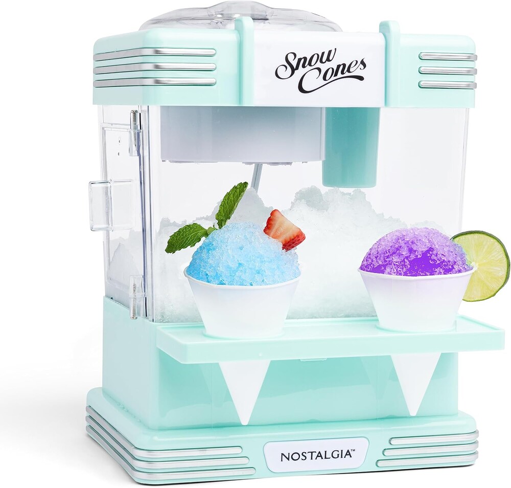 Nostalgia Snow Cone Machine With 2 Reusable Plastic Cups & Ice Scoop for Easy Serving- Retro Table-Top Ice Cone Maker Makes 20 Icy Treats- Slushie Machine for Parties, Family Treats & Gatherings- Aqua