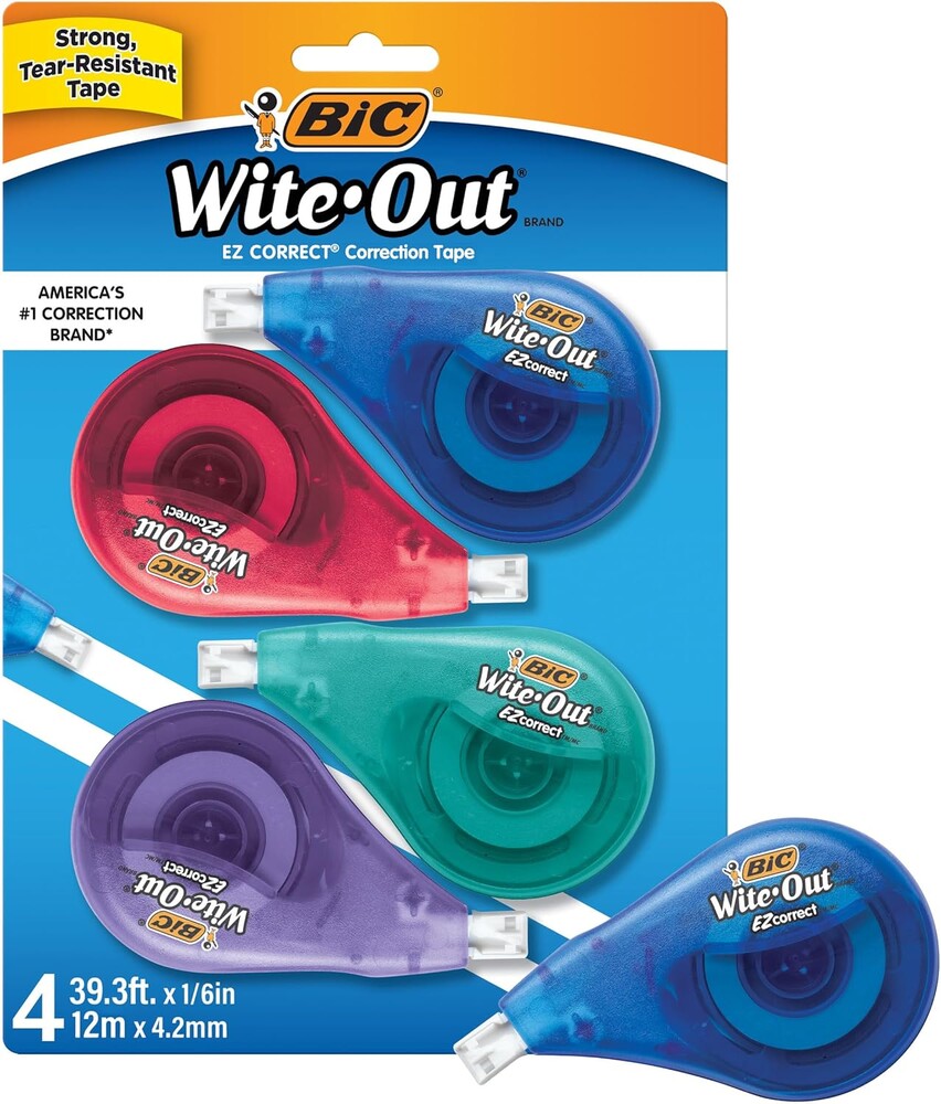 BIC Wite-Out EZ Correct Correction Tape, White, No Dry Time, Tear Resistant Tape, 4-Count