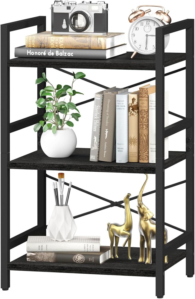 Yoobure Bookshelf Small Book Shelf, Solid Industrial 3 Tier Shelf Bookcase, Short Book Case for Bedroom, Living Room, Office Home, Small Spaces, Easy Assembly Black