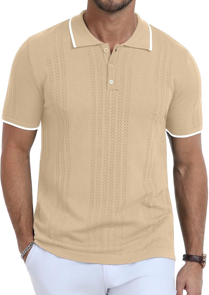KUYIGO Men's Knit Hollow Out Polo Shirts Short Sleeve Button Collared Shirt Fashion Casual Summer Tops