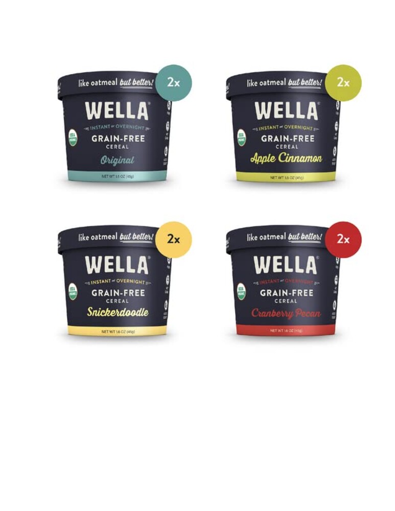 Wella Cereal Oatmeal Alternative, Gluten-Free Breakfast Hot Cereal, Grain-Free Paleo Organic Vegan High Protein Superfood, Plant-Based Non-GMO, Low in Net Carbs, Single-Serve Cups, Flavor Variety Sampler (8 Count, 2 of Each Flavor, 1.6 oz. Cups)
