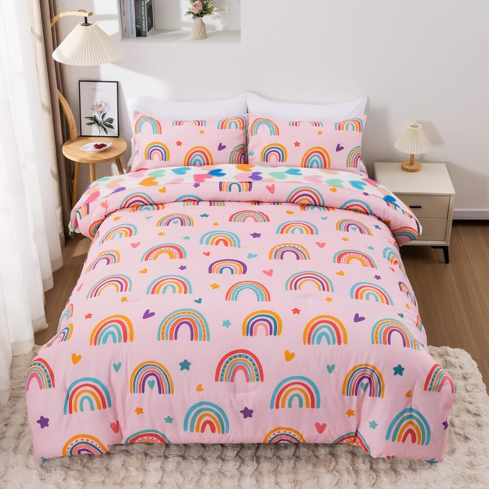Btargot 5 Piece Blush Rainbow Comforter Set for Girls Boys Kids, Cartoon Suns and Stars Bedding Set, Bed in a Bag with Comforter, Sheets and Pillowcases,Full