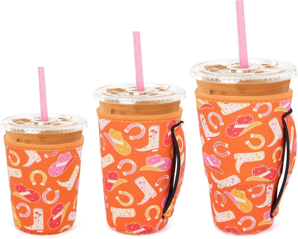 3 Pack Iced Coffee sleeve Insulated Neoprene Cup Sleeves with handle For Cold Drinks Beverages, Reusable Cup Holder for 16oz-32oz Coffee Cups (Cowgirl Fashion)