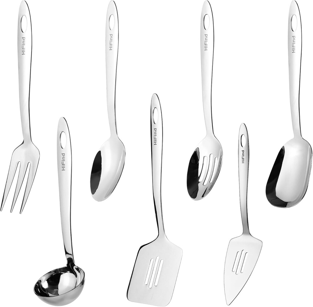HIFIND Stainless Steel Serving Utensils Set, 7Pcs Small Kitchen Utensils Set, Small Utensils for Serving, Ladle, Slotted Spatula, Meat Fork, Slotted Spoon, Cake Server, Solid Spoon, Square Spoon