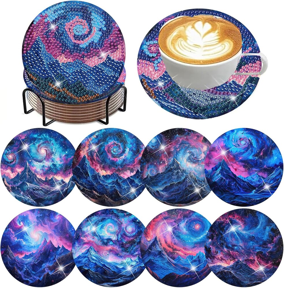 ijbnhd 8 PCS Aurora Diamond Art Coasters Diamond Painting Coasters Kits with Holder Aurora DIY Coaster for Beginners, Adults, Diamond Art Crafts Supplies 4x4 in (Cork Wooden Pad)