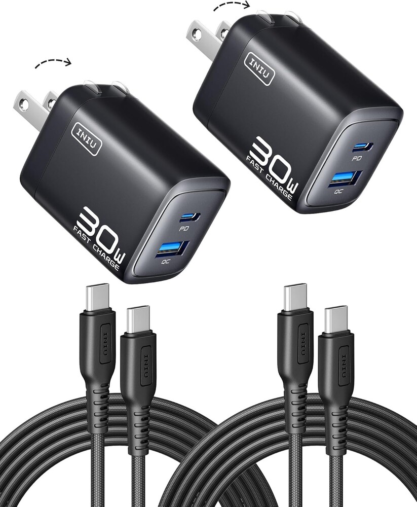 INIU USB C Charger Block, 30W 2-Pack GaN Fast Charging Adapter with 5FT Cable & Advanced Protection, 2-Port Foldable Travel Charger for iPhone 17 16 15 Pro Max, iPad, Samsung S26 S25 Ultra, Pixel etc