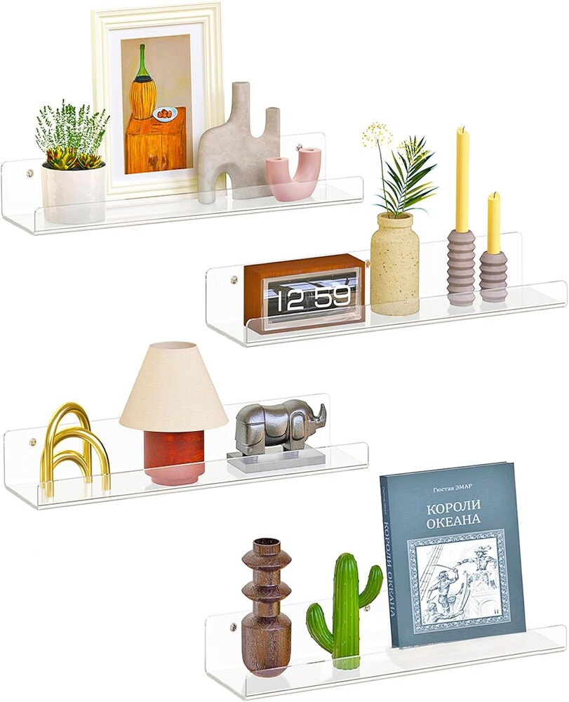 Dooiclear 4 Pack Floating Shelves for Wall, 15" Clear Book Shelf, Acrylic Floating Wall Shelf, Display Shelves Organizer for Bathroom, Classroom, Bedroom, Living Room, Kitchen, Room Decor