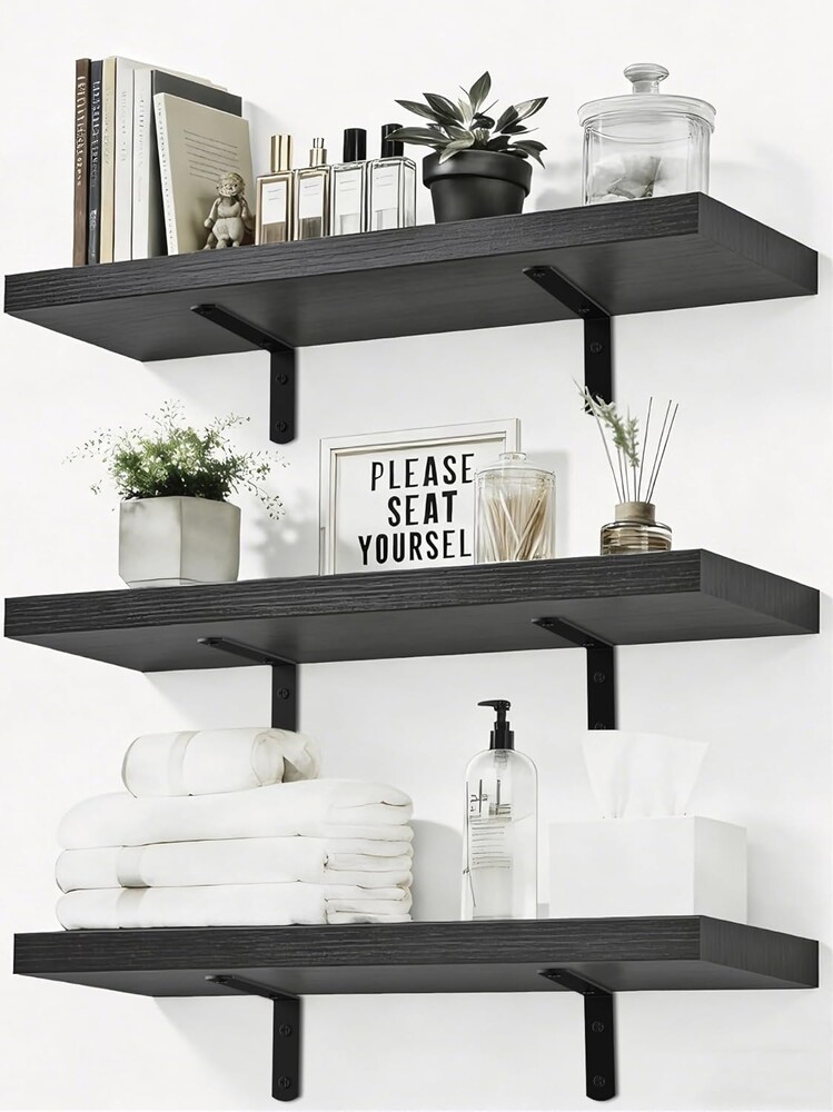 Easy Install Floating Shelves, 15.7 Inch Wall Mounted Wood Shelf,Hanging Shelf for Home Decor, Books and Storage, Small Organizer for Bedroom, Bathroom, Kitchen, Set of 3, Black