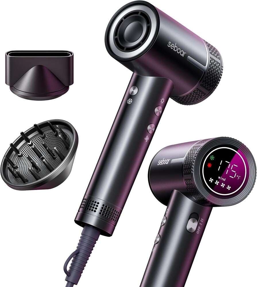 High-Speed Ionic Hair Dryer with Diffuser, Professional LCD Display Thermo-Control Blow Dryer, 1500W Fast Dry, 500 Million Negative Hairdryer, Low Noise, Lightweight for Travel Home Salon