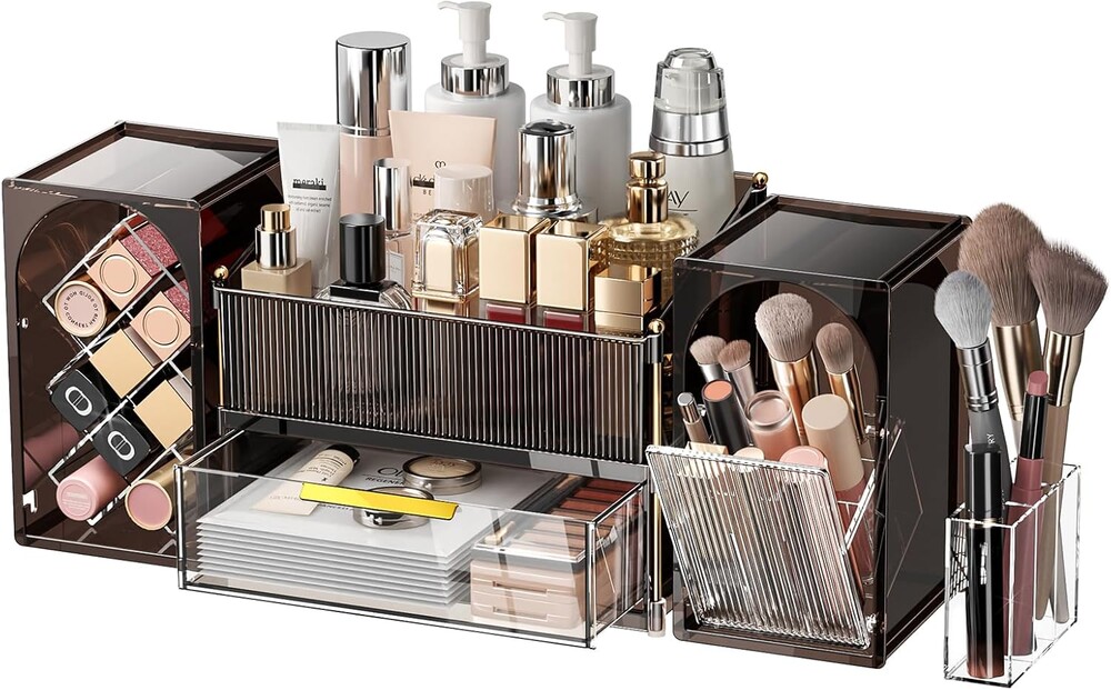 Seoneiro Makeup Organizer with Drawers, Cosmetic Storage for Dresser Countertop and Bathroom Vanity, Beauty Holder for Lipstick Brush Skincare Display case (Dark Brown + Transparent)