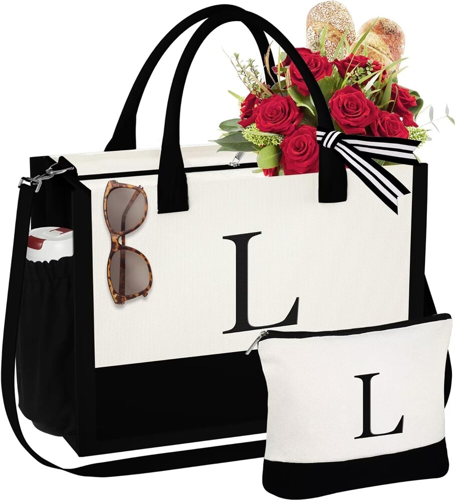 YOOLIFE Gifts for Women - Initial Canvas Tote Bag & Makeup Bag, Birthday Gifts for Women Mom Sister Friends