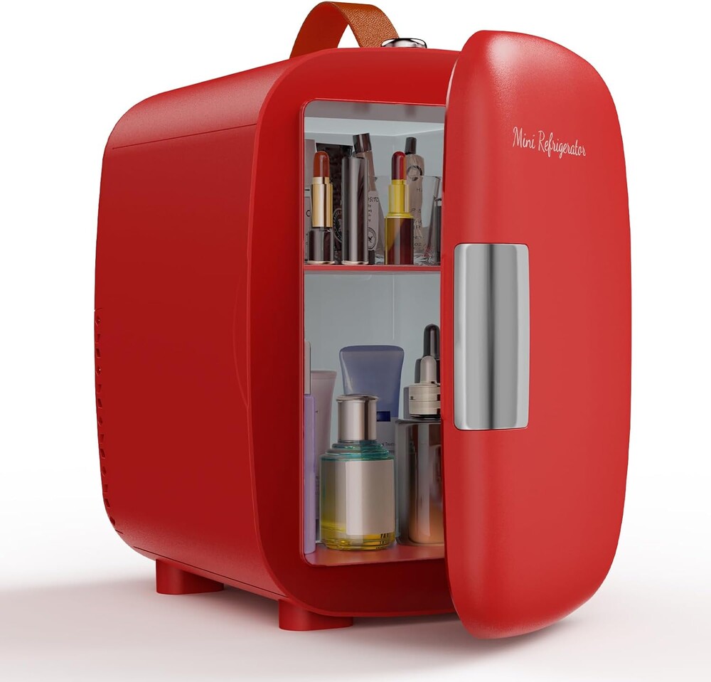 NEWBULIG Mini Fridge for Bedroom, Office & Car, Portable 4L/4.23QT Mini Refrigerator for Skincare with Handle, Ultra-Quiet Energy-Saving Compact Cooler for Drinks, Food, Skincare & Makeup, 12V AC/DC