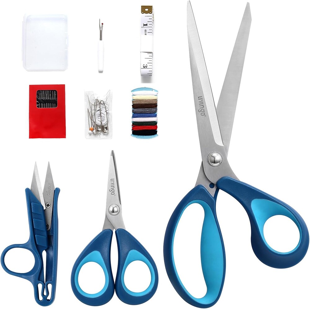 LIVINGO Fabric Sewing Scissors Set All Purpose - Heavy Duty Tailor Shears with Small Embroidery Thread Snips Sewing Kit for Home Crafting Cutting, 9.5" & 5" & 4.5", Blue Comfortable Handles
