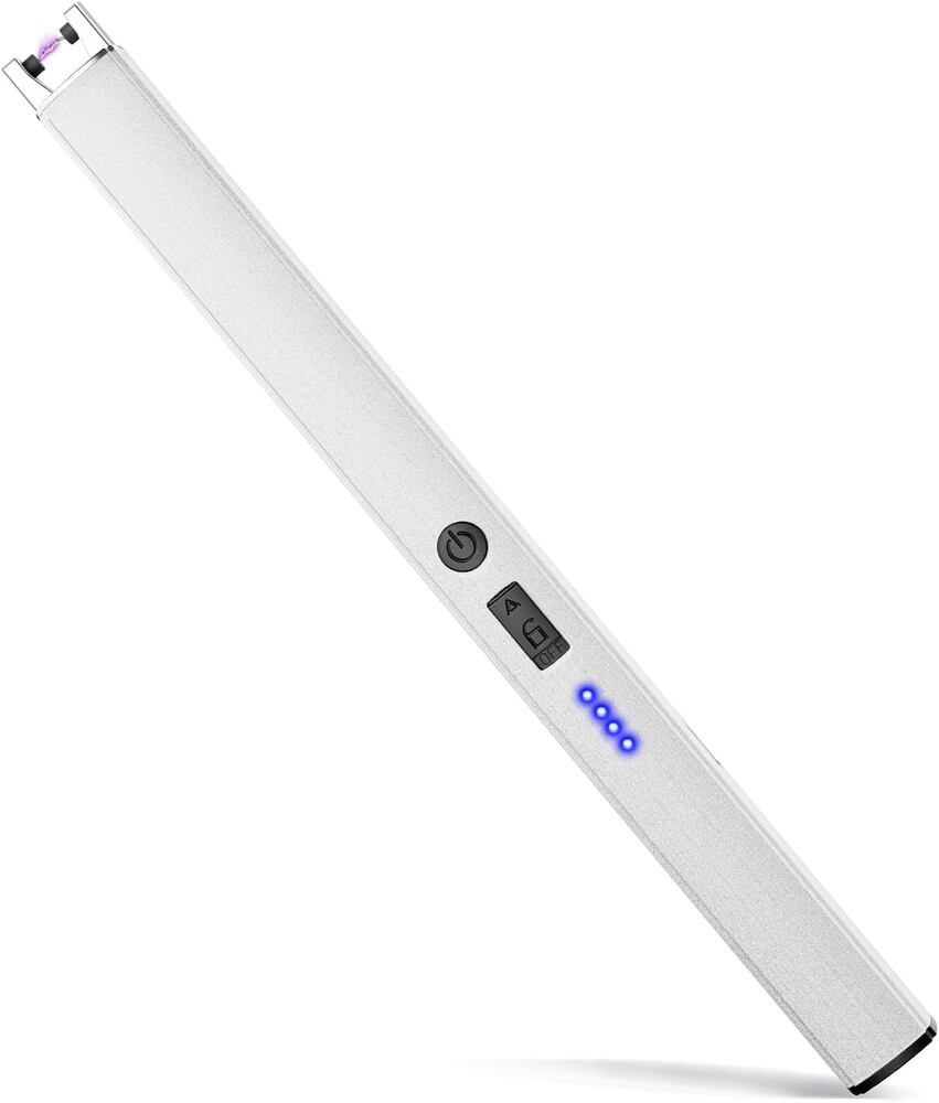 VEHHE Plasma Lighter, USB Type C Electric Lighters Rechargeable with Led Display, Windproof Pulse Extended Long Lighter with Anti-False-Touch Lock, for BBQ Camping Festivals-Silver