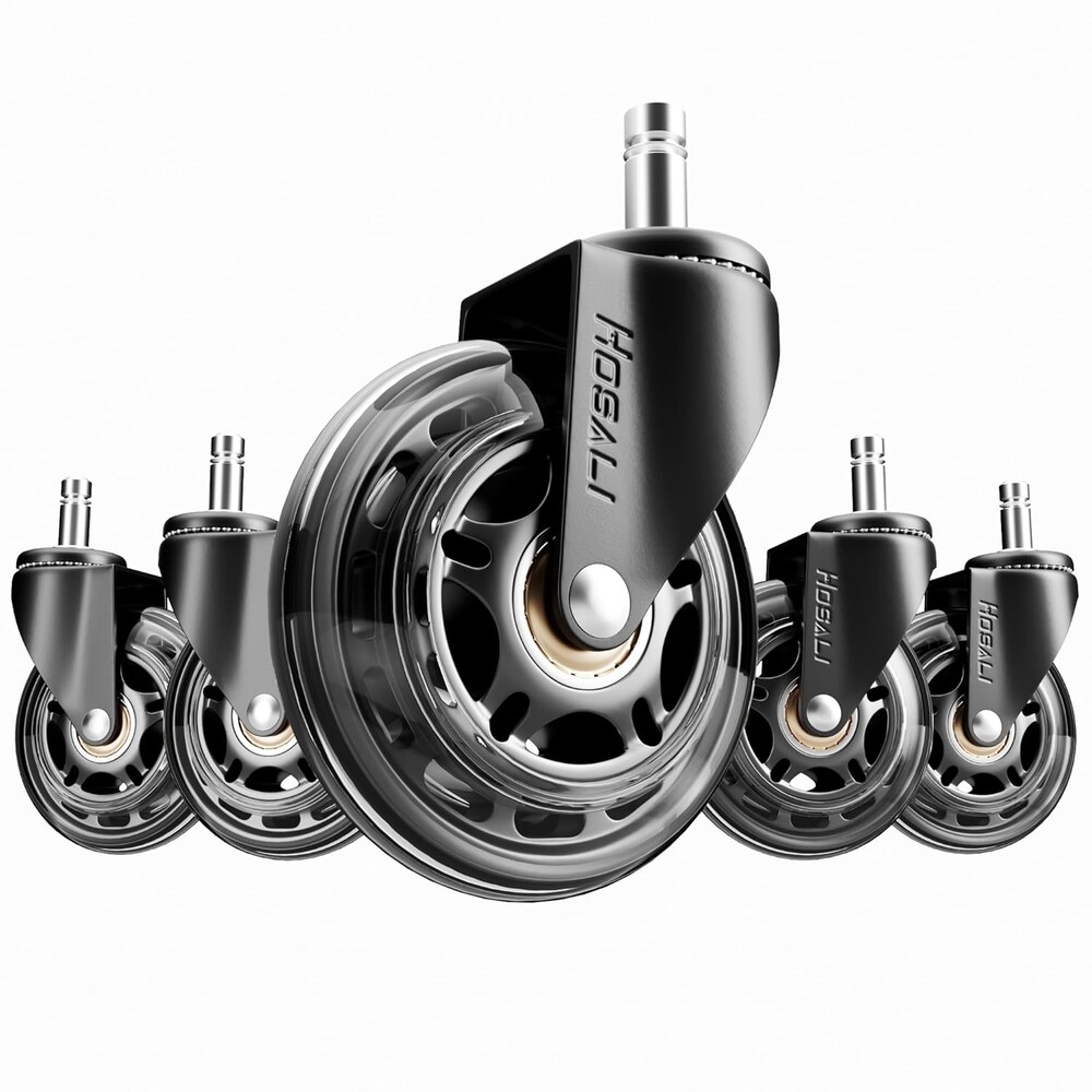 HOSALI 3 Inch Office Chair Wheels - Rubber Chair Casters Replacement, Heavy-Duty Computer Gaming Desk Caster Wheel Smooth & Safe Rolling for All Floors Including Hardwood and Carpet, Set of 5