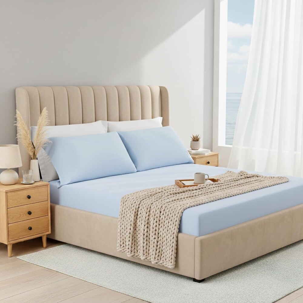 Queen Sheet Sets 3 Piece, Cooling Spandex, Fade Resistant Fitted Sheet & Pillowcases, All Elastic Fits Up to 15" Mattress, Breathable & Moisture-Wicking for Hot Sleepers, Ice Blue