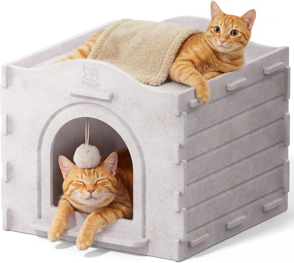 Apasiri Cat Bed Cave for Indoor Cats: New Felt Cat Bed with Fluffy Ball Hanging, Foldable Cat House with Scratch-Resistant Board, Hideaway Cat Cave for Timid Cats, Sturdy Two-Tier Cat Condo - Gray
