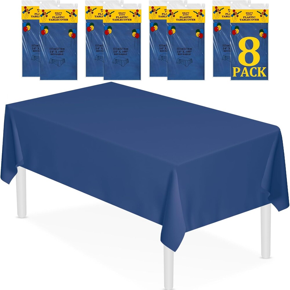 XSEINO 8 Pack 54" x 108" Premium Navy Blue Plastic Table Cloth,Disposable Rectangle Tablecloths Waterproof Table Cover for Birthday Wedding Anniversary Graduation Party Decorations Supplies
