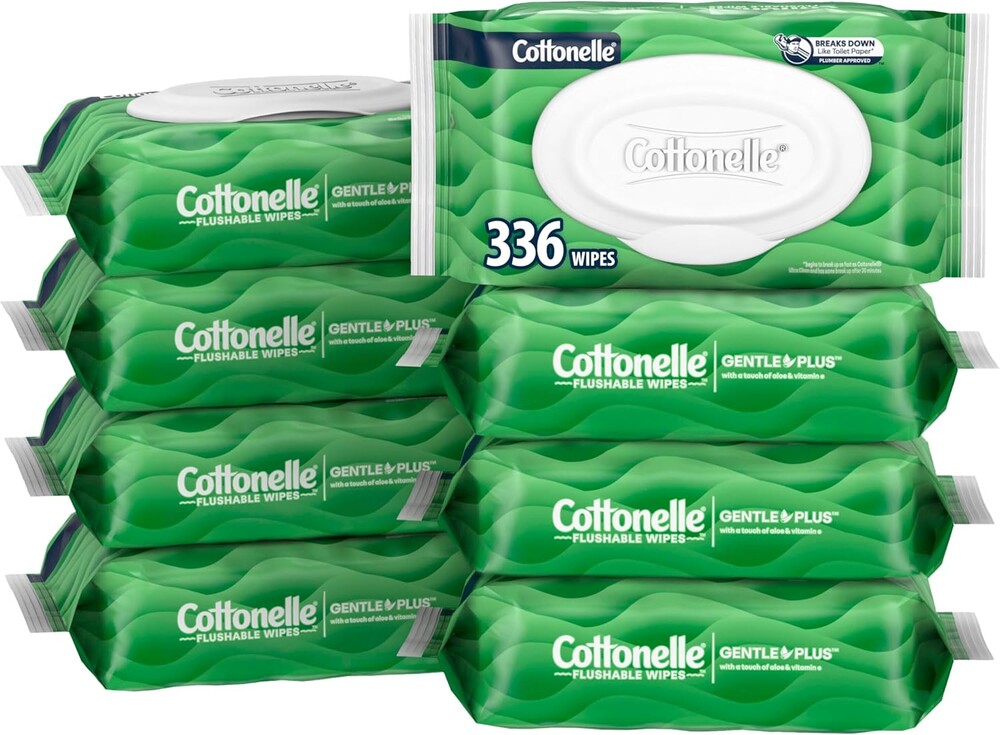 Cottonelle GentlePlus Flushable Wet Wipes with Aloe & Vitamin E, 8 Flip-Top Packs, 42 Wipes Per Pack (336 Total Wipes), Packaging May Vary