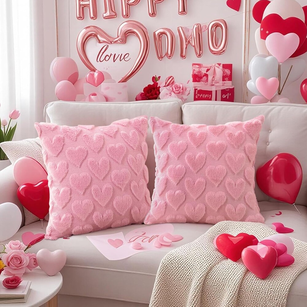 Valentine’s Day Pink Heart Pillow Covers 18x18 Set of 2 – Soft Plush Faux Fur Jacquard Throw Pillow Cases, Love Heart Cushion Covers for Sofa Couch Bedroom Holiday Home Decor