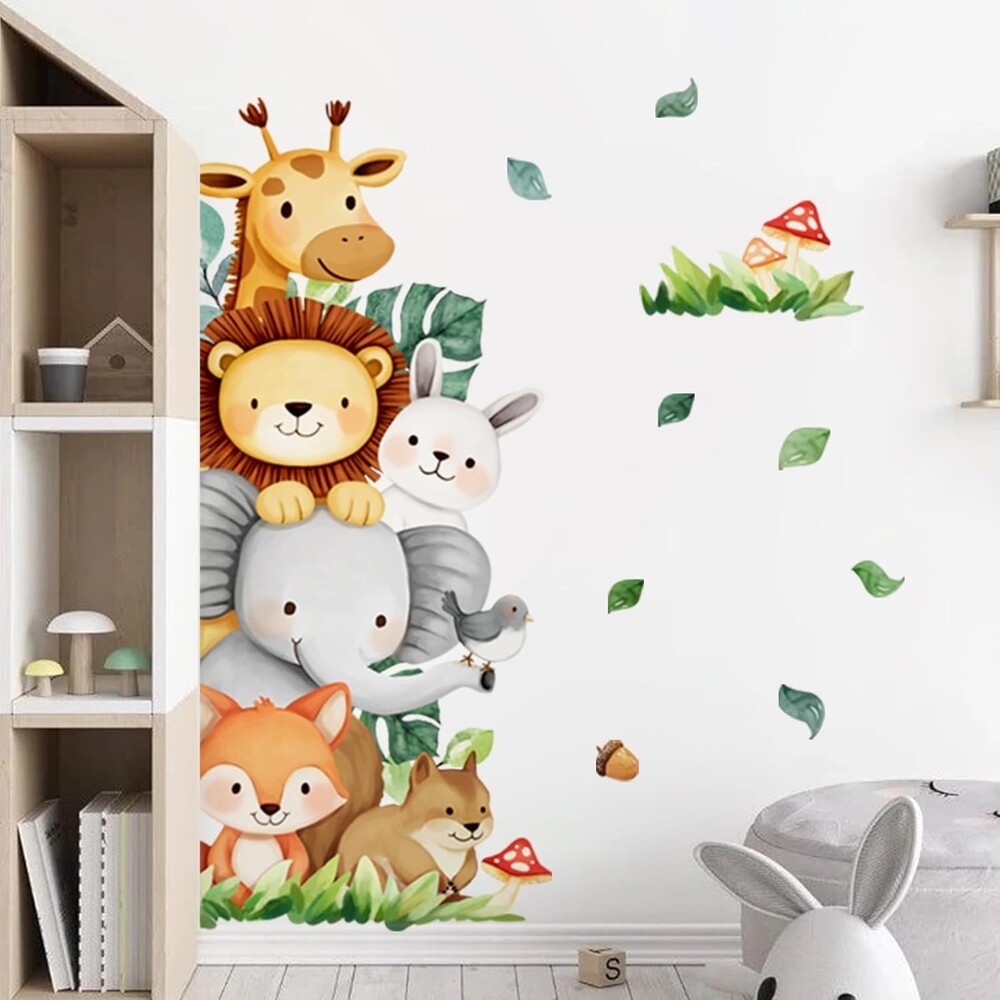 Yovkky Jungle Animals Wall Decals Stickers, Safari Giraffe Lion Elephant Fox Bunny Squirrel Bird Toddler Baby Nursery Decor, Tropical Monstera Mushroom Acorn Home Decorations Kids Bedroom Playroom Art