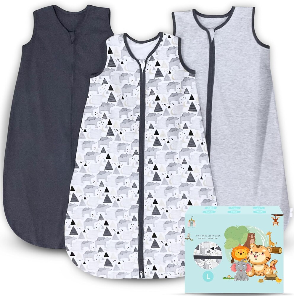 Cute Castle Baby Sleep Sack 12-18 Months - Lightweight 100% Cotton 2-Way Zipper TOG 0.5 Infant Wearable Blanket, Newborn Essentials Toddler Sleep Clothes, 3 Pack(Dark gray, Light gray, Bear)