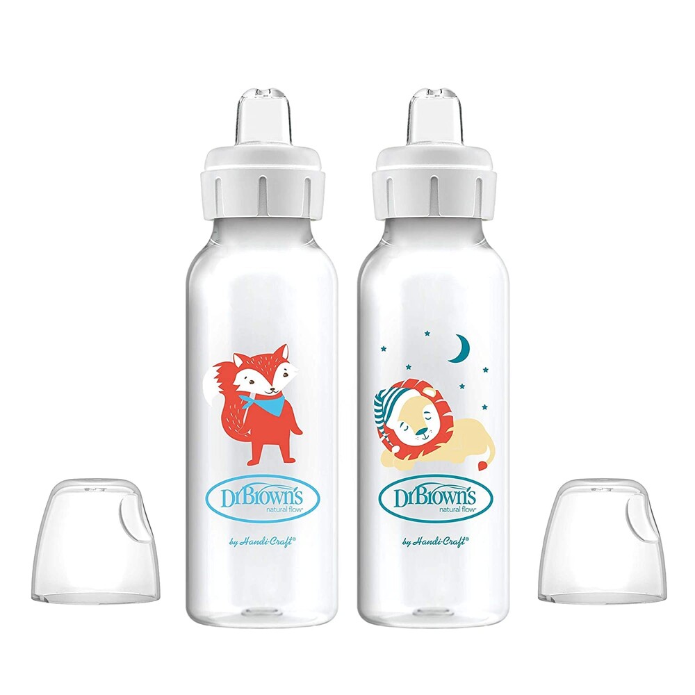 Dr. Brown's Milestones Narrow Sippy Bottle, 100% Silicone Soft Sippy Spout, 8oz/250mL, 6m+, Fox & Lion, 2 Pack