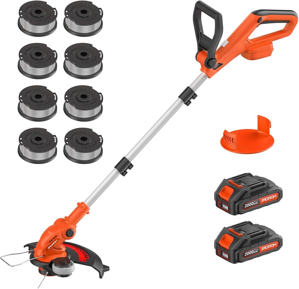 JAGROM Electric String Trimmer Cordless with 2x2.0Ah Battery, 20V Battery Powered 12-inch Lawn Mover & Edger Lawn Tool with Charger, Powered Grass Trimmer with 8pcs Spool Line for Yard, Garden, Orange
