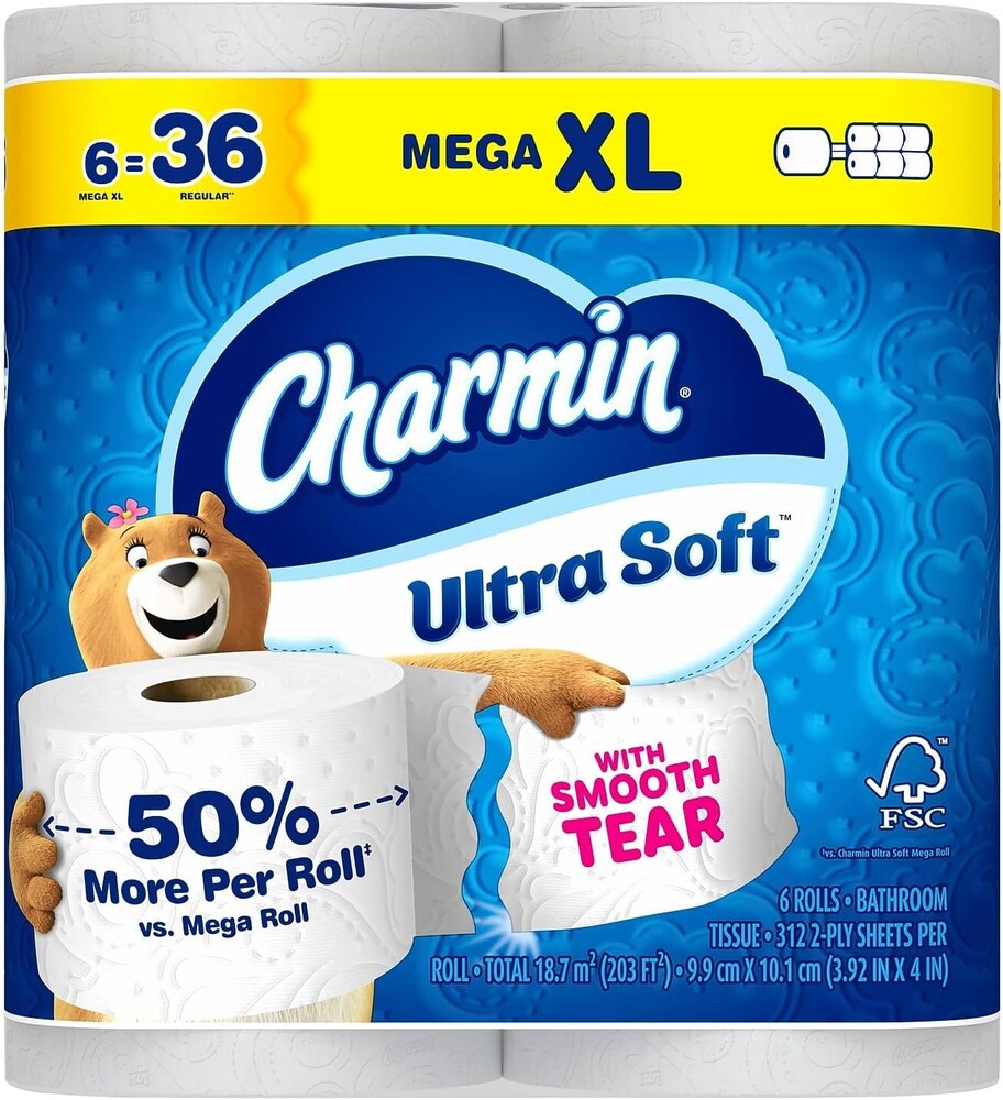 Charmin Ultra Soft Toilet Paper 6 Mega XL Rolls, 336 Sheets Per Roll (Packaging May Vary)
