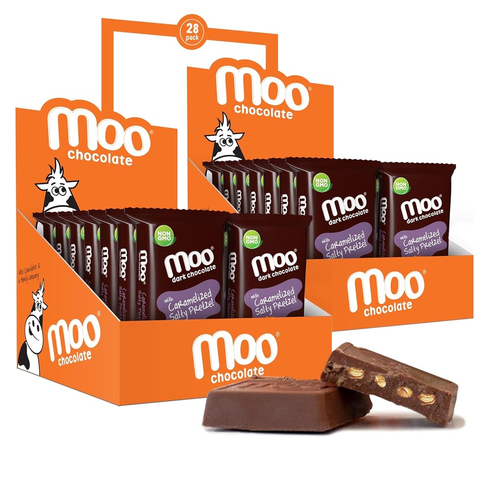 Moo Chocolates All Natural Dark Chocolate Mini Bars with Caramelized Salty Pretzel 0.7 oz, 28 ct (Pack of 2) | 100 Calorie Snacks for On-the-Go, Lunchboxes, Office