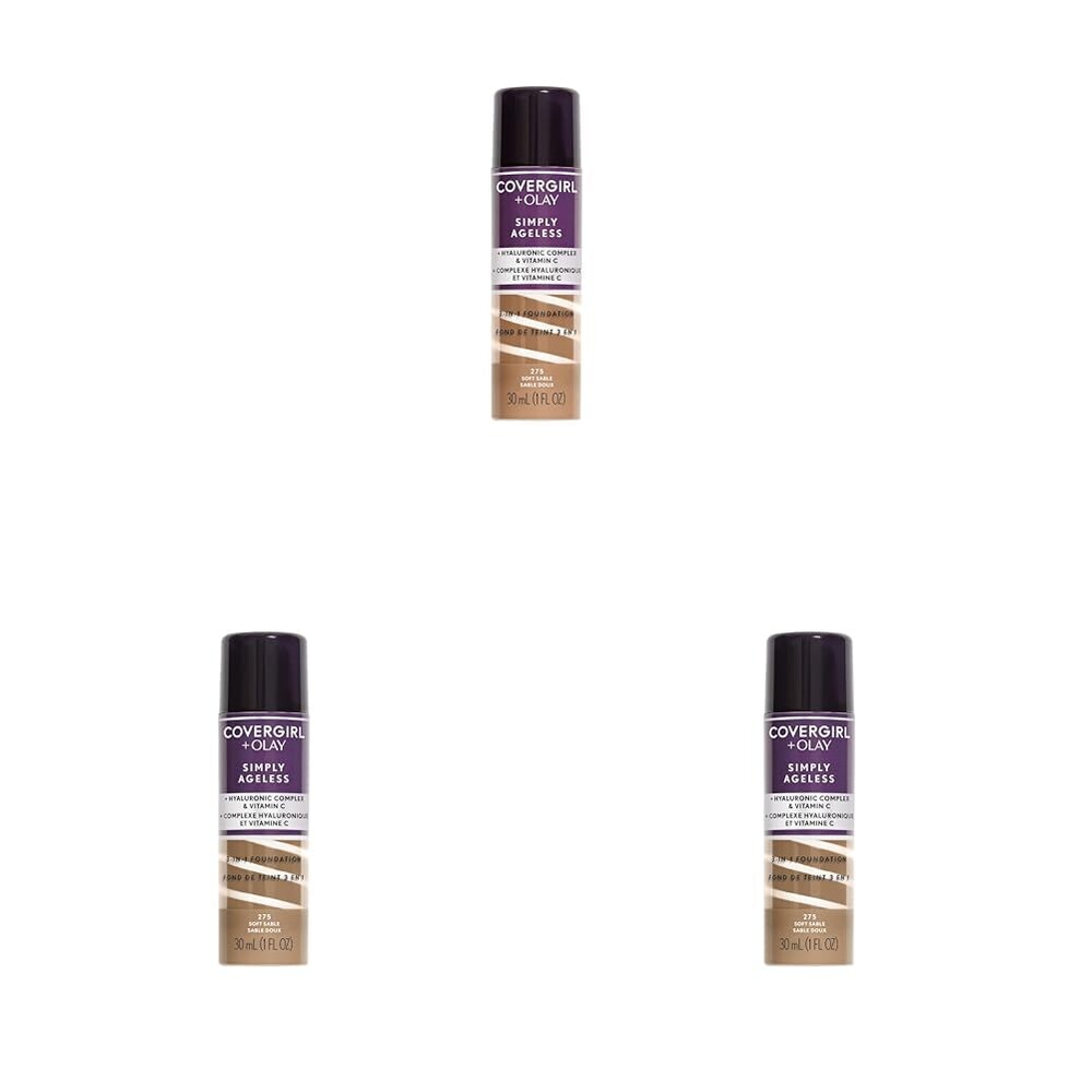 CoverGirl & Olay Simply Ageless 3-in-1 Liquid Foundation, Matte Finish, Hyaluronic & Vitamin C Formula, Cruelty Free, Soft Sable, 1 Count (Pack of 3)