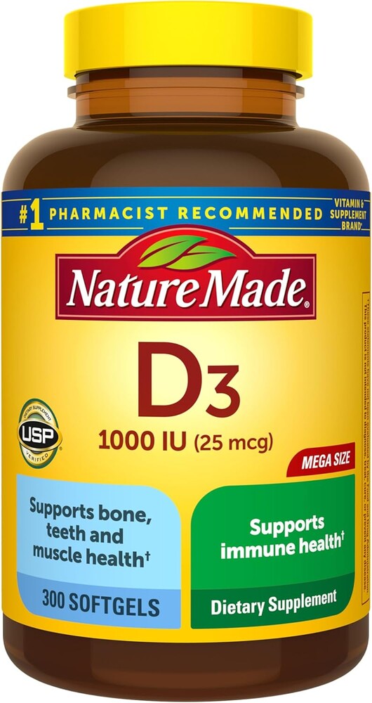 Nature Made Vitamin D3 1000 IU (25 mcg), Vitamin D Supplement for Bone, Teeth, Muscle and Immune Health Support, 300 Softgels, 300 Day Supply