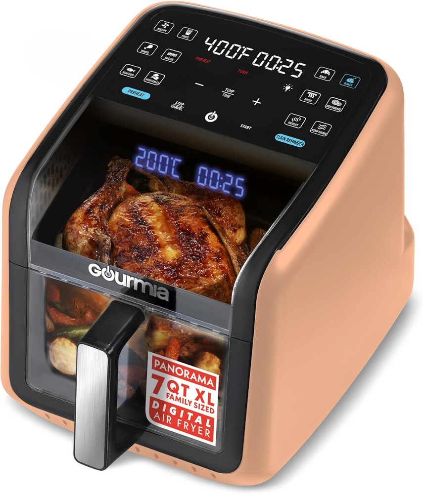 Gourmia Air Fryer 7 QT - Easy View Panorama Window & Interior Light, Guided Cooking with 12 One-Touch Presets, FryForce 360, Dishwasher Safe Accessories, Peach