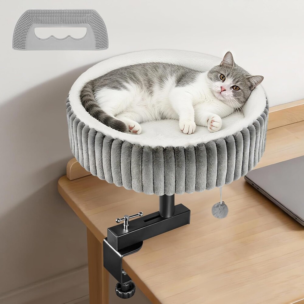 TNELTUEB Cat Desk Bed - 360° Rotating,Clamp On Cat Bed for Desks, Adjustable High Support Up to80 lbs for Office, Game Table, Island Tables, Desktop Attachment Hammock Grey