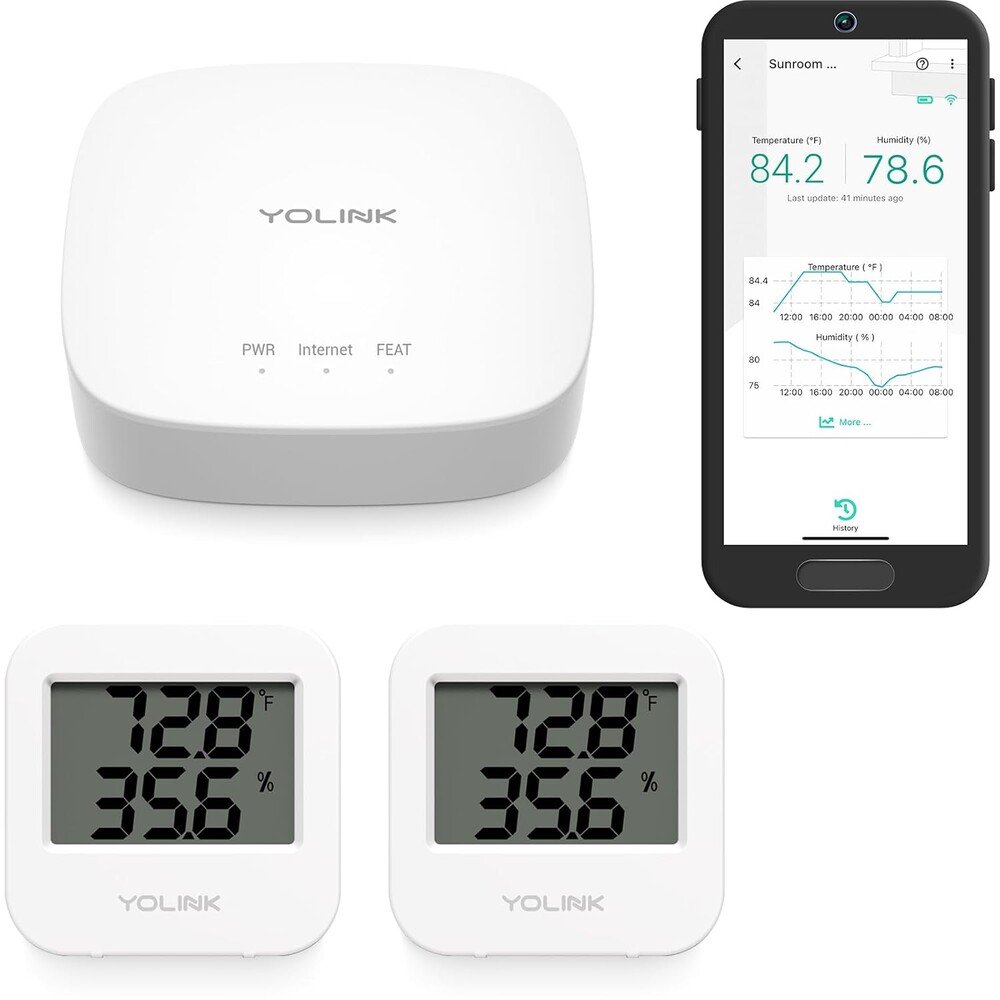 YoLink Smart Temp & Humidity Sensor, LoRa Long Range, 2 Year Battery, Indoor Monitoring for Wine Cellar, Bedroom, Nursery, Greenhouse, RV, with App, Email & SMS Alerts, Alexa IFTTT, 2 Pack + Hub