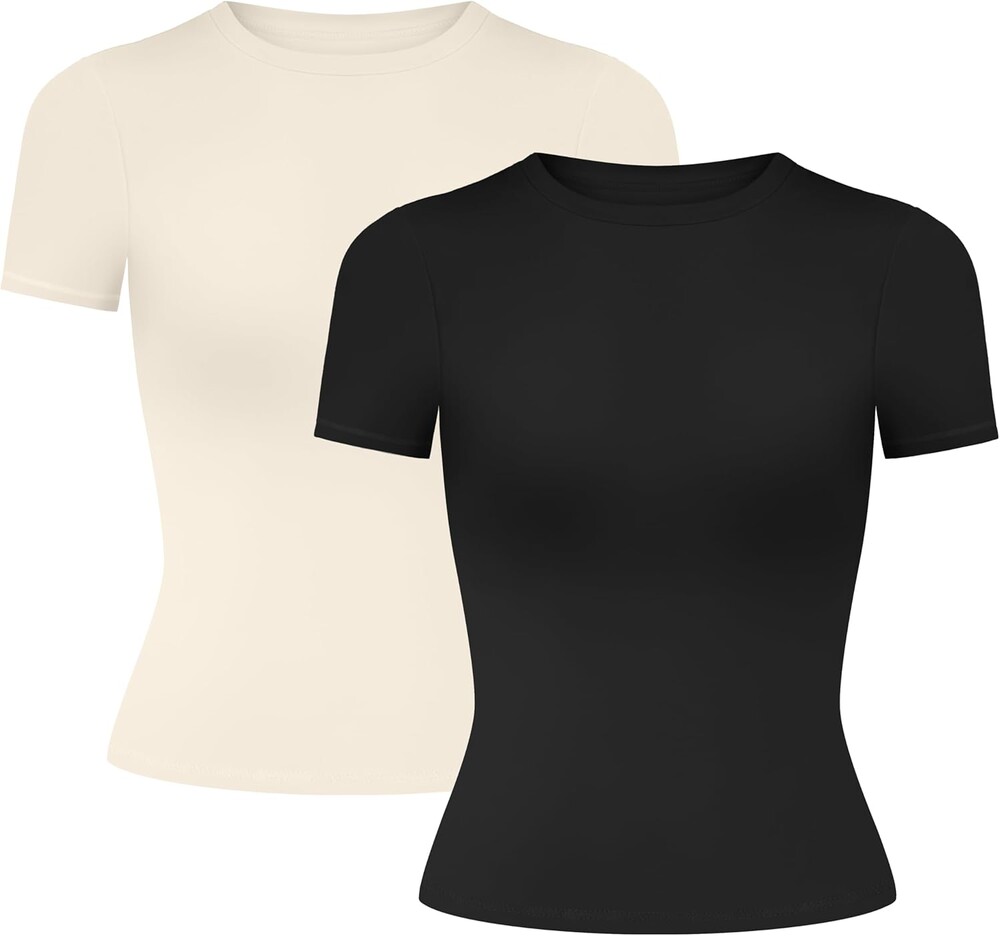 Womens Basic Casual Short Sleeve T-Shirts - Y2k Scoop Neck Summer Crop Tops Slim Fit Tees