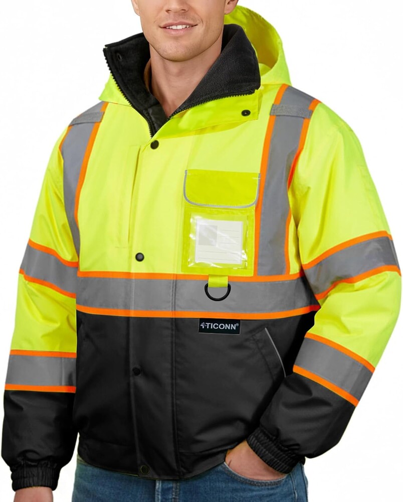 TICONN Waterproof Safety Bomber Jacket, Winter Rain Jacket Hi Vis Reflective, ANSI Class 3 Work Rain Coat