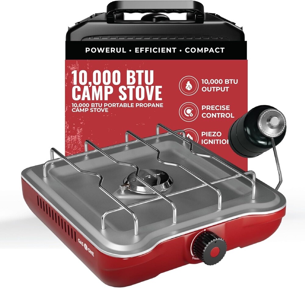 GasOne Single Propane Burner Camp Stove – 10,000BTU Portable Stove Propane Grill with Removable Cooking Grid – Large Easy to Use Knob – Carry Case Included