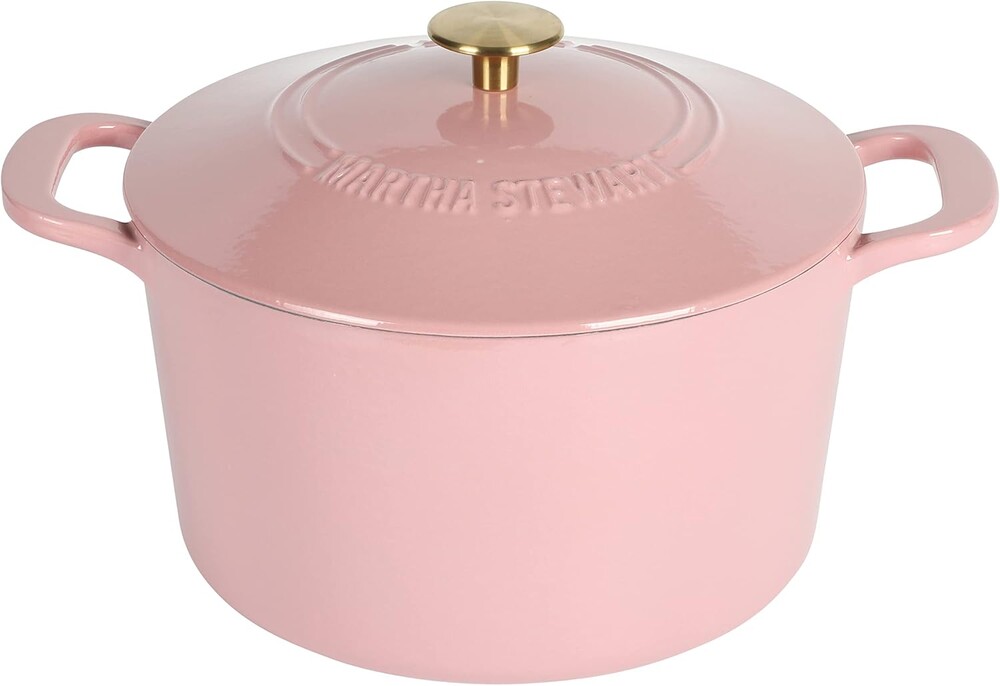 MARTHA STEWART Gatwick 7-Quart Enamel Cast Iron Dutch Oven Pot with Lid – Pink – Heavy-Duty Dutch Oven for Slow Cooking, Braising & Baking